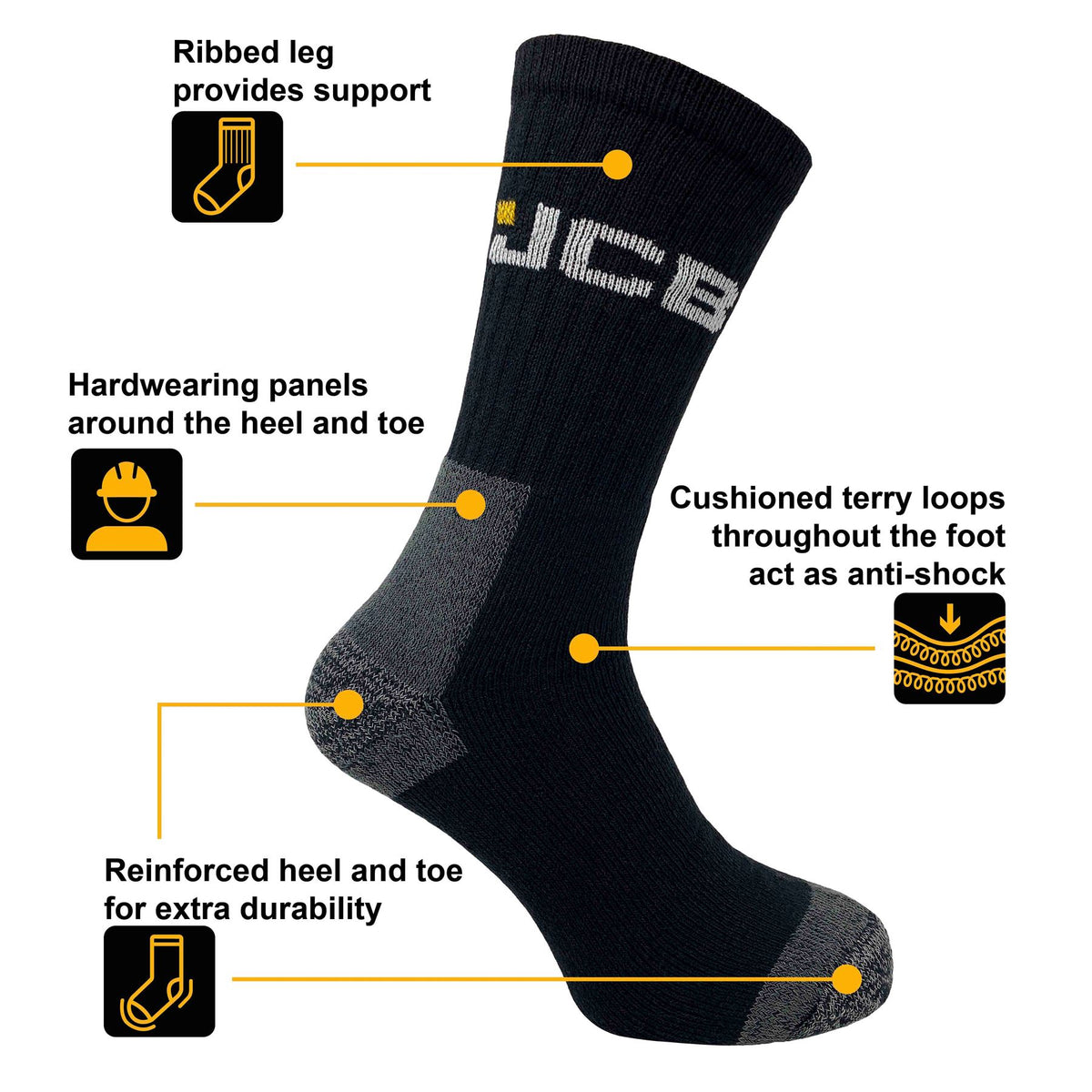 JCB Workwear Work Socks with Added Elastane (3 Pack)